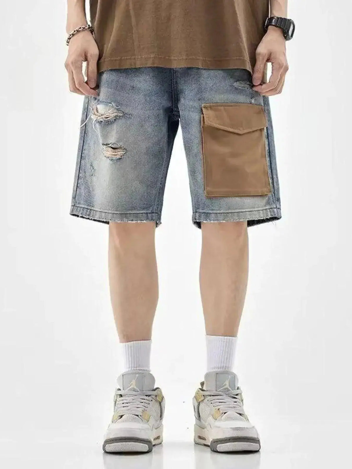 Mens Distressed Denim Shorts with Utility Pockets, washed blue denim with brown cargo pocket