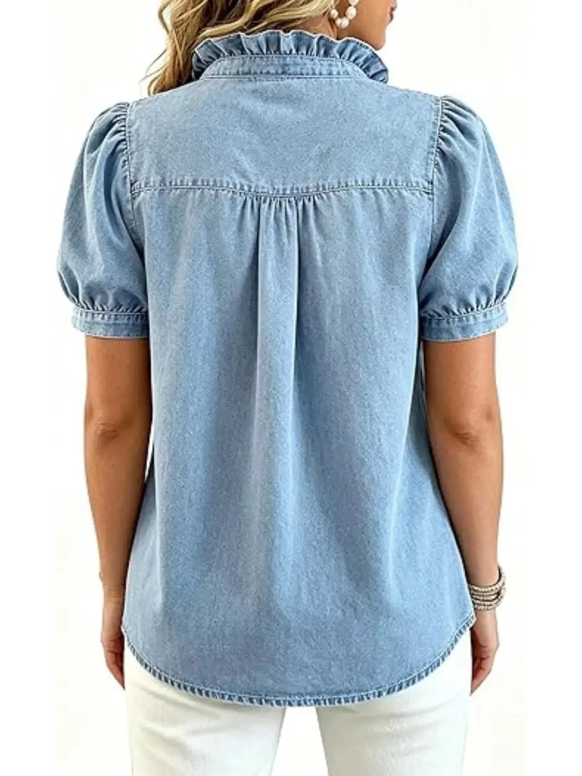Frill Puff Sleeve Denim Top in light blue denim with front button closure