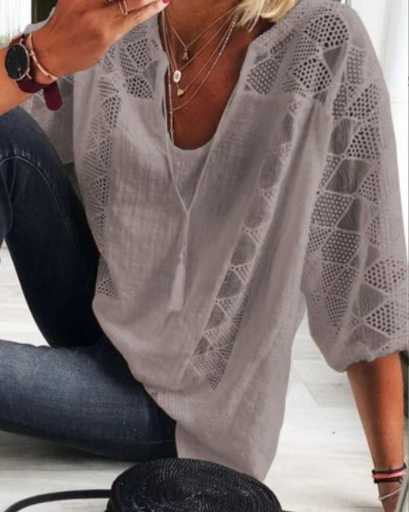 T-shirt Col U Manches 3/4 en Dentelle