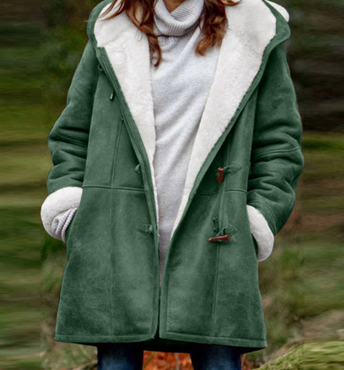 Women's Vintage Winter Coat, green suede-like exterior with white shearling lining and toggle closures.