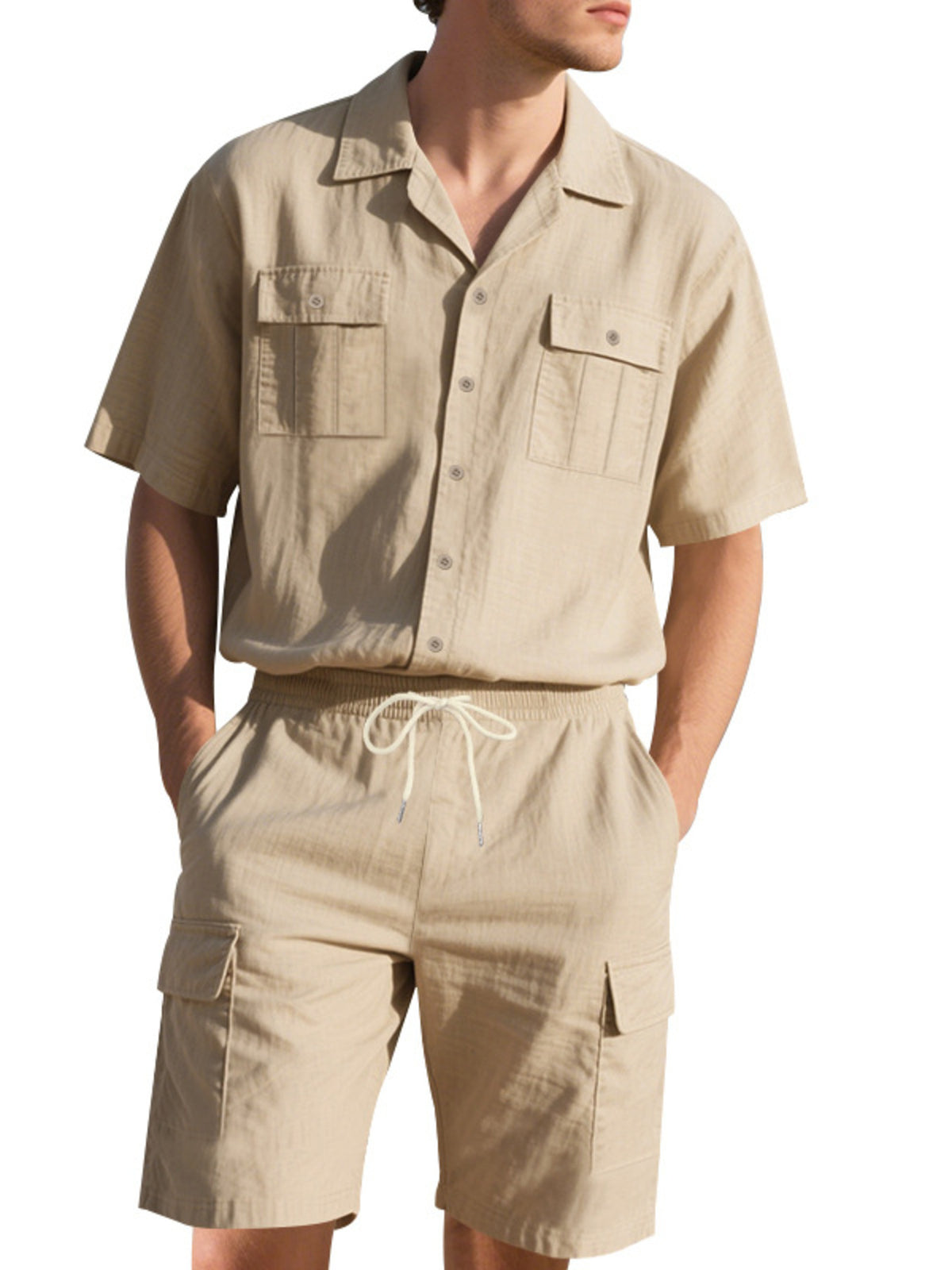 Men's plus-size beige short-sleeve button-up shirt and matching drawstring shorts set by Trendsi