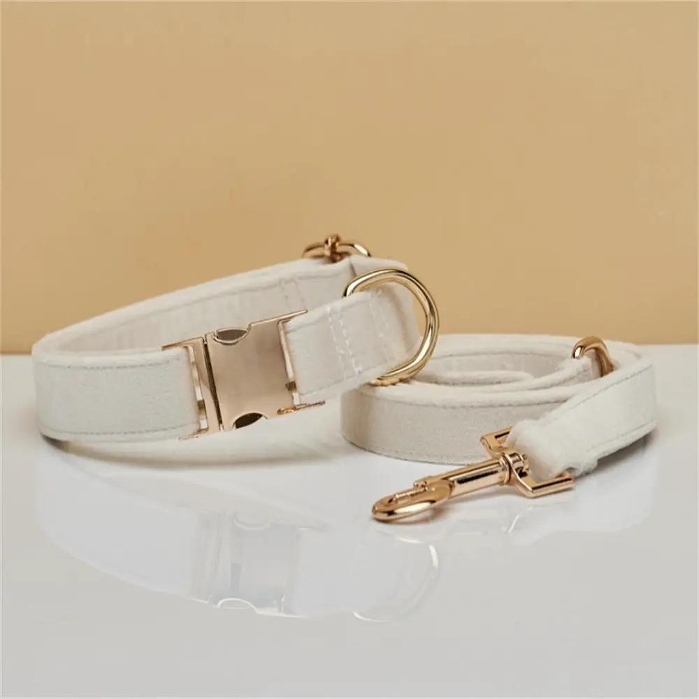 Velvet dog collar and leash set, white with rose-gold hardware (2-piece)