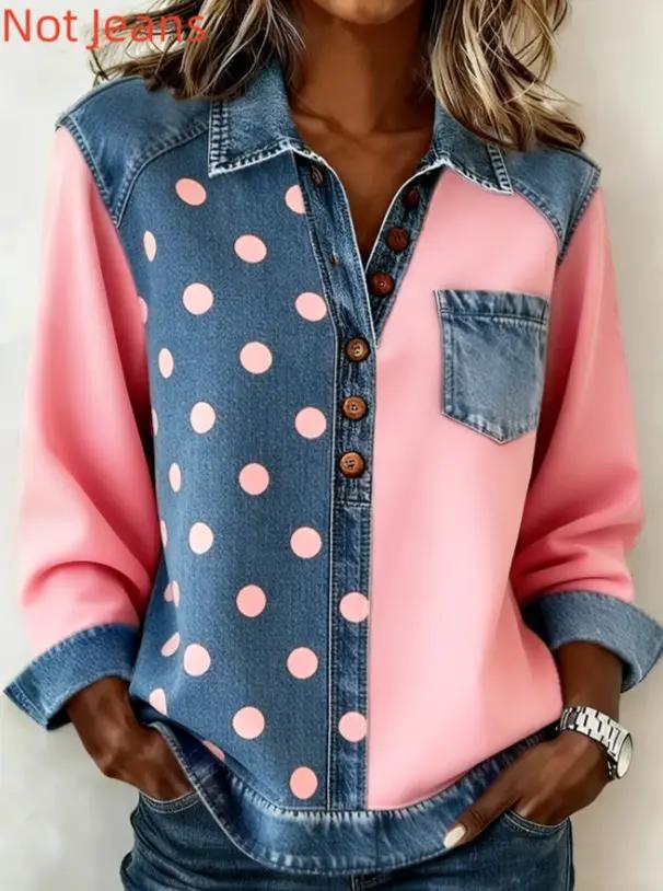 Vintage denim patchwork button-down long-sleeve top; pink panel and blue denim with pink polka dots, denim chest pocket