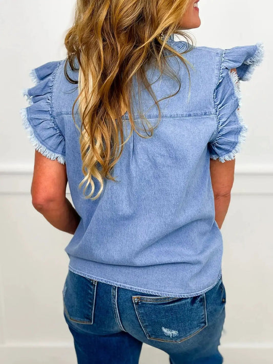 Distressed denim top with frill collar and wide flutter sleeves, back view in light blue denim