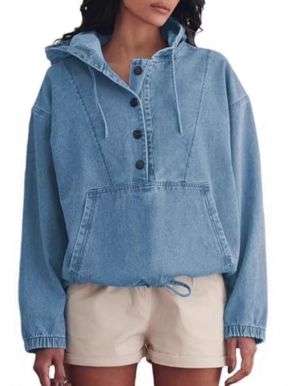 Casual hooded blue denim jacket with kangaroo pocket and drawstring hem