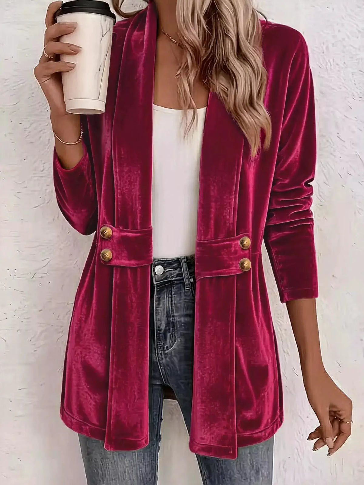 Elegant velvet open-front outerwear in magenta with gold-tone buttons by Trendsi
