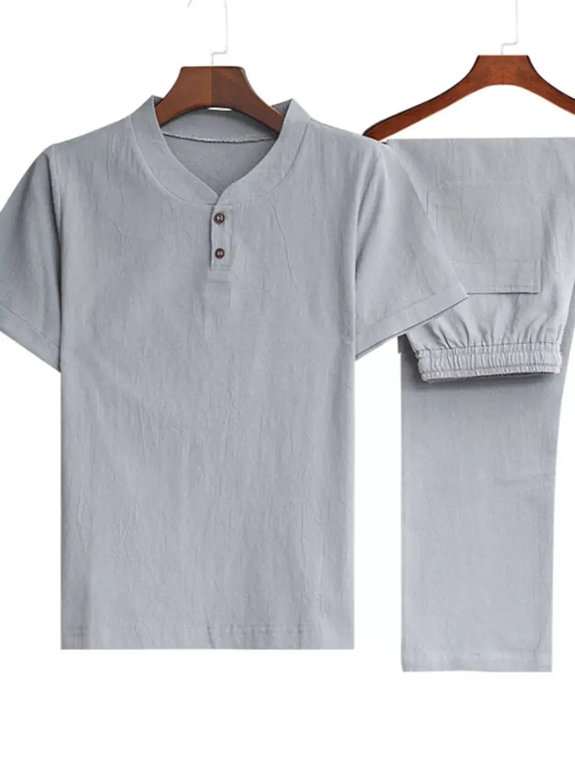 Men's plus-size casual short-sleeve top and pants set in light gray; henley tee with 2-button placket.