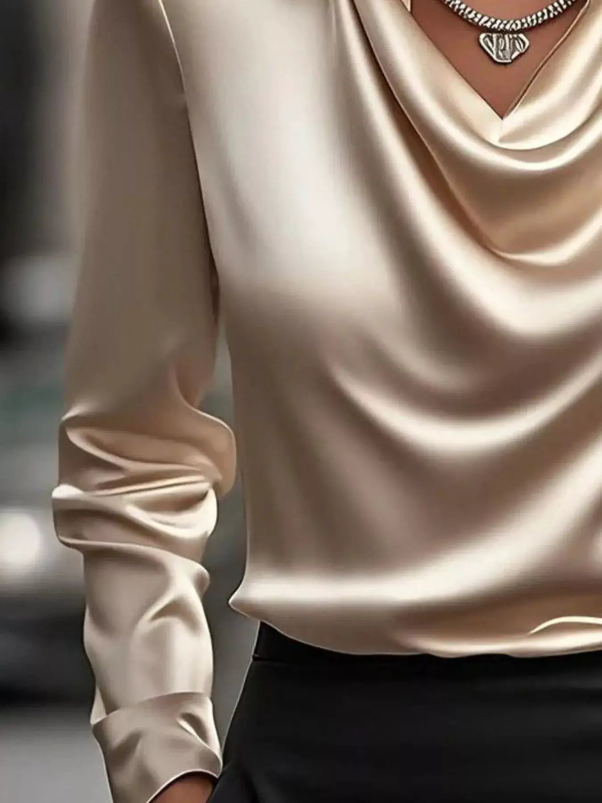 Plus-size ivory satin cowl-neck blouse with long sleeves