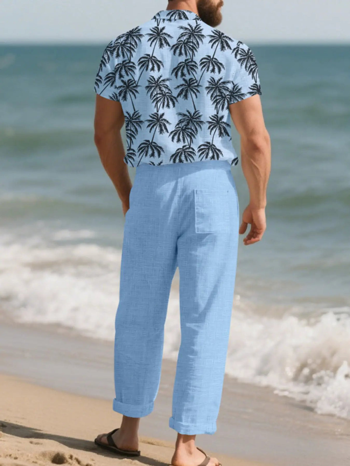 Men's plus-size palm-print button-up shirt and matching light-blue pants set, Trendsi
