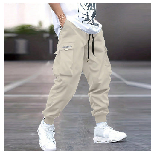 Multi-pocket Cargo Pants by AdTec, beige casual hip-hop drawstring cargo joggers with side pockets