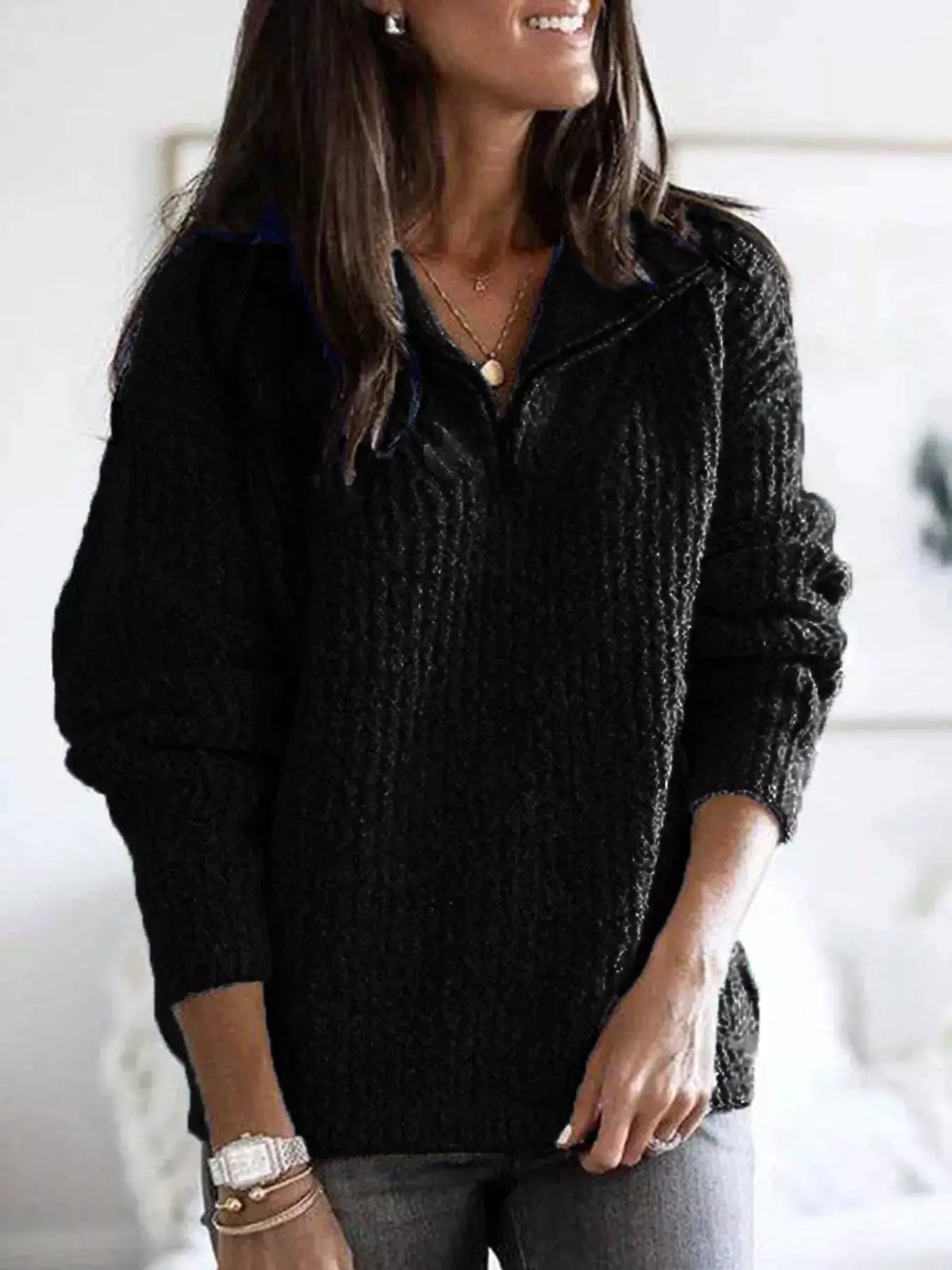 Full-Size half-zip textured sweater plus-size black by Trendsi
