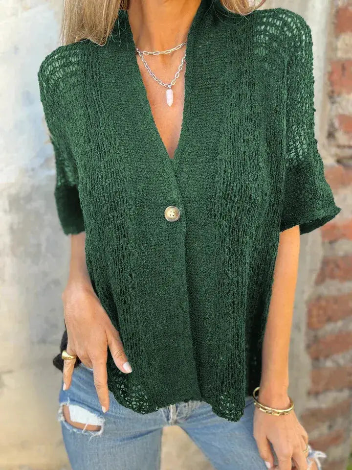 Plus size one-button openwork cardigan in green; sheer knit with short sleeves