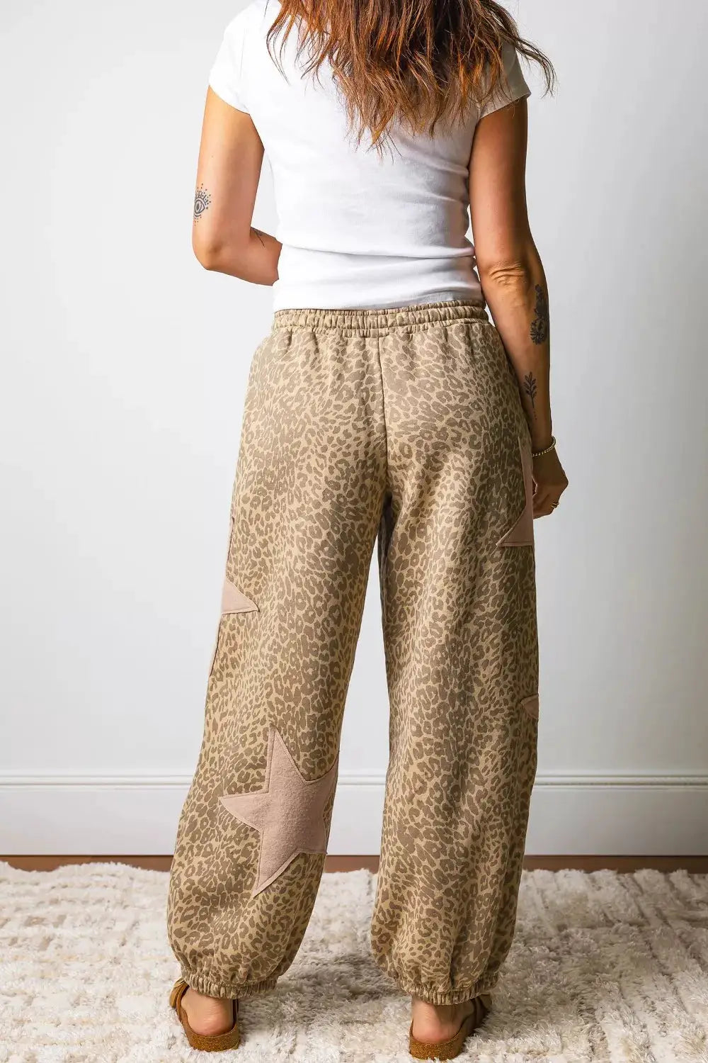 Leopard Star Patch Loose Pants, Trendsi beige leopard print with star patches and elastic waist