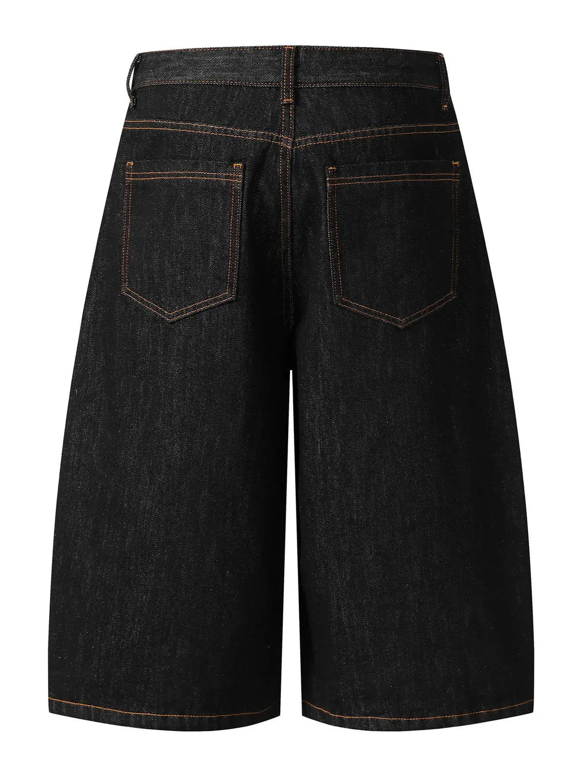 Men's wide-leg black denim shorts with embroidered pockets, orange contrast stitching, cotton-blend fabric