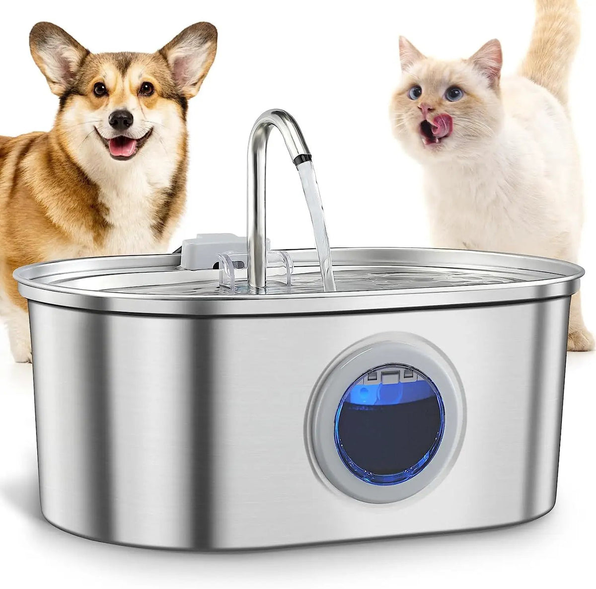 AdTec Water Feeder stainless steel pet water dispenser with curved spout and blue indicator window; dog and cat nearby.
