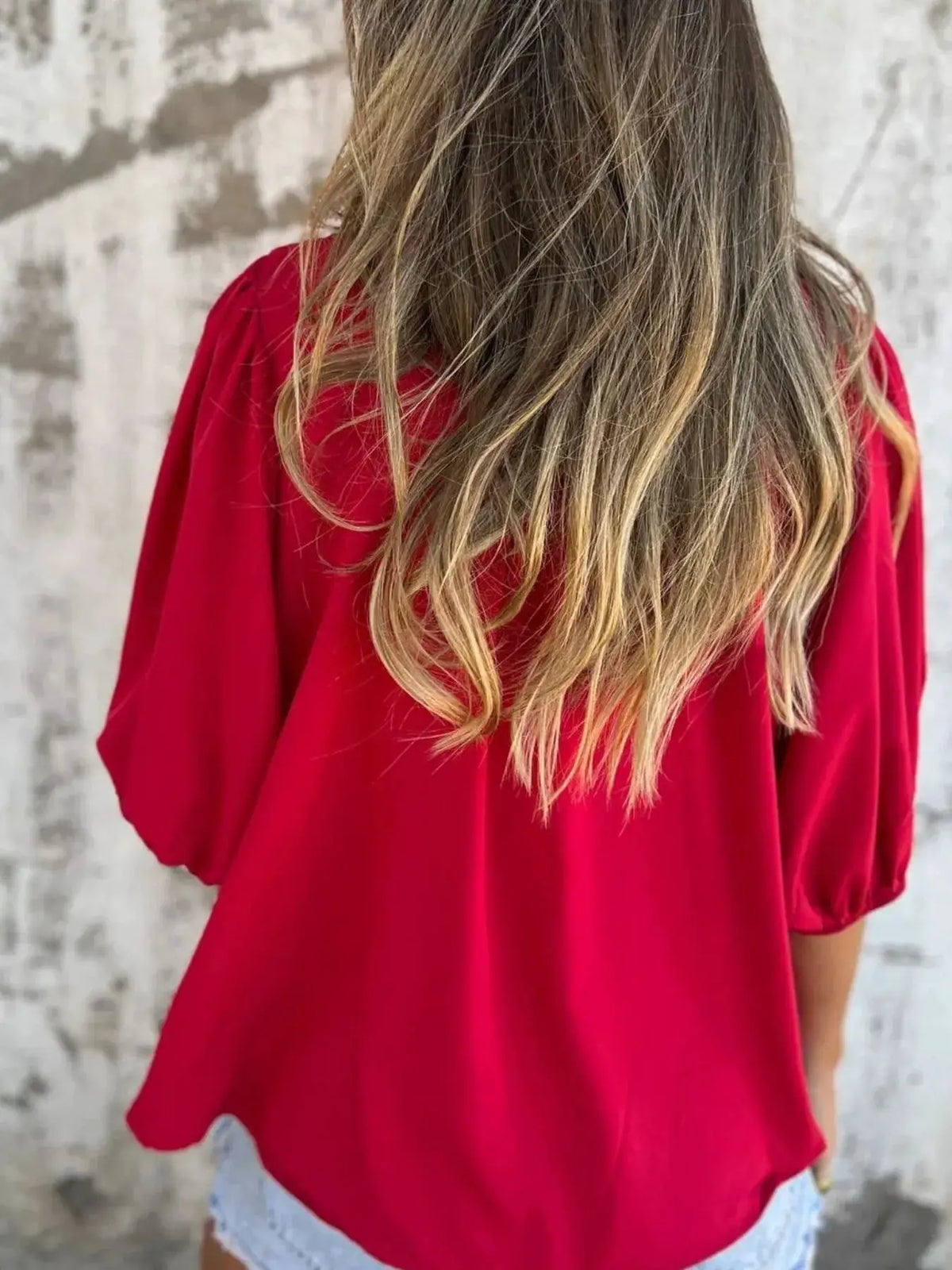 Full-size red smocked puff-sleeve blouse, plus-size, loose fit