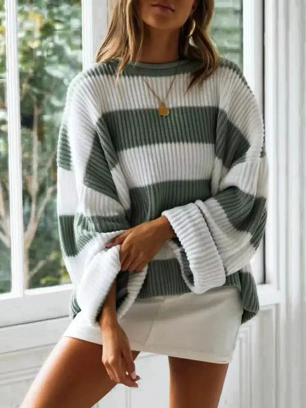 Essential Round Neck Long Sleeve Soft Stretch Sweater in green and white striped oversized ribbed knit by Trendsi