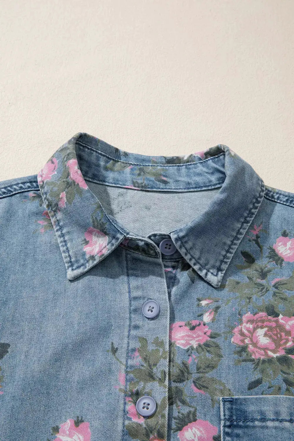 Floral print button-up denim shirt, soft cotton blend, blue with pink flowers, Trendsi