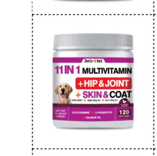 AdTec dog health supplement bottle, 11-in-1 multivitamin with hip & joint and skin & coat, pink label.