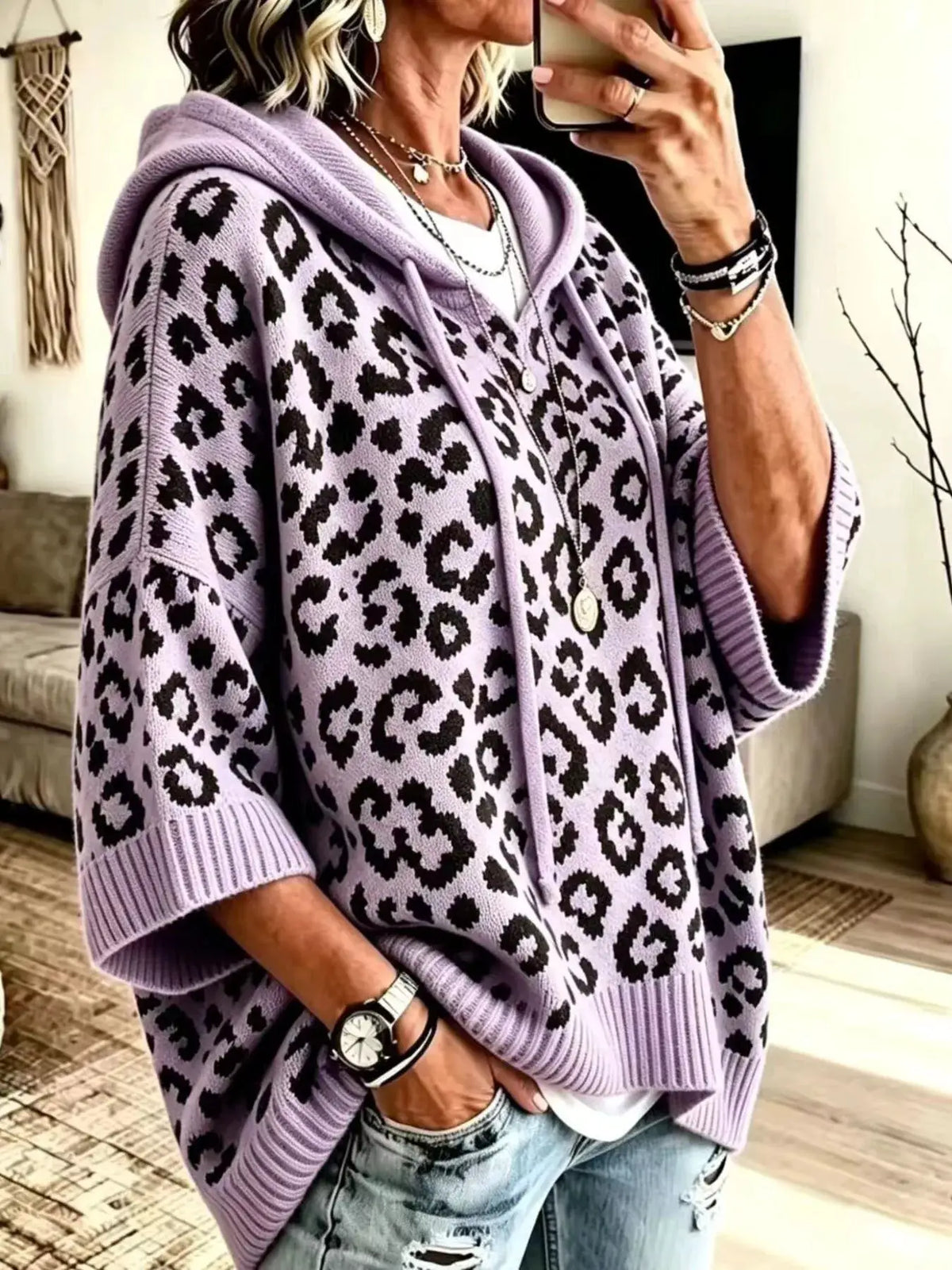 Trendsi lavender leopard hooded sweater with drawstring, oversized knit.