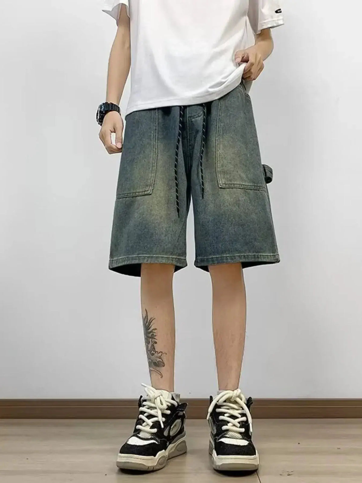 Mens plus size loose-fit washed denim shorts with stretch fabric, blue denim, drawstring waist