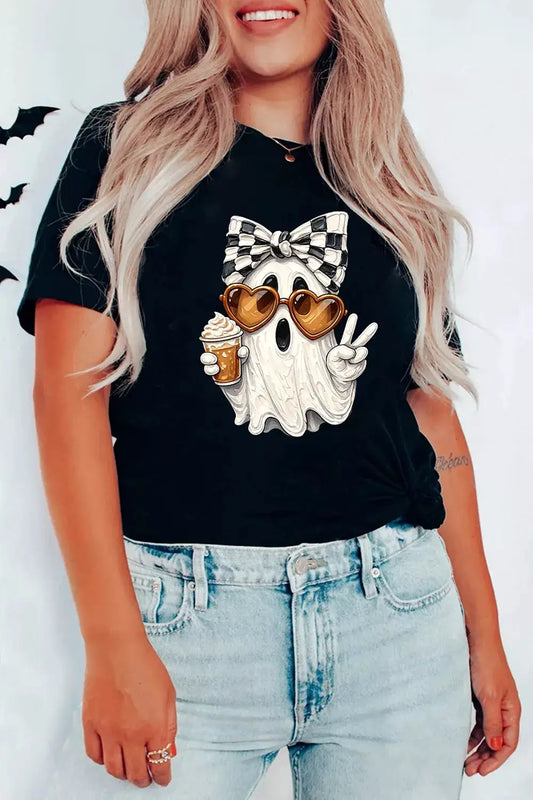 Trendsi full-size Halloween ghost graphic short-sleeve T-shirt, black, plus size, ghost with bow and heart sunglasses.