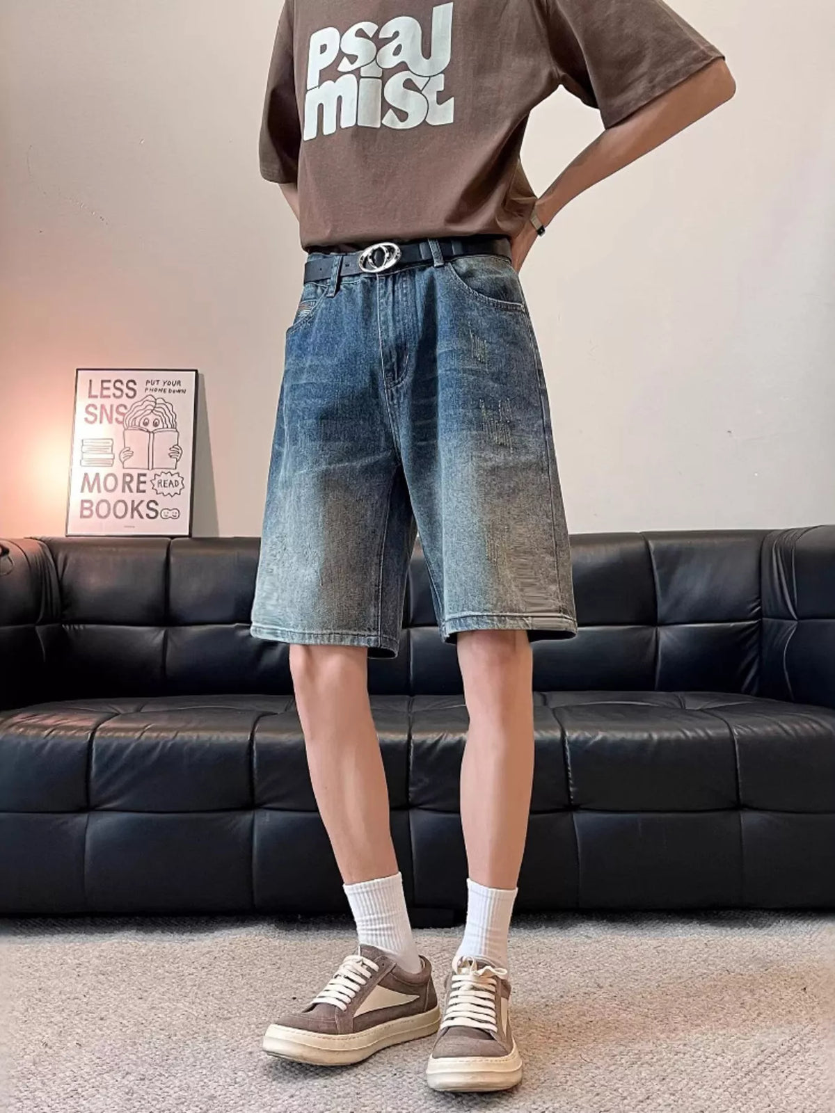 Men's wide-leg washed blue denim shorts, plus size, cotton-stretch, relaxed fit