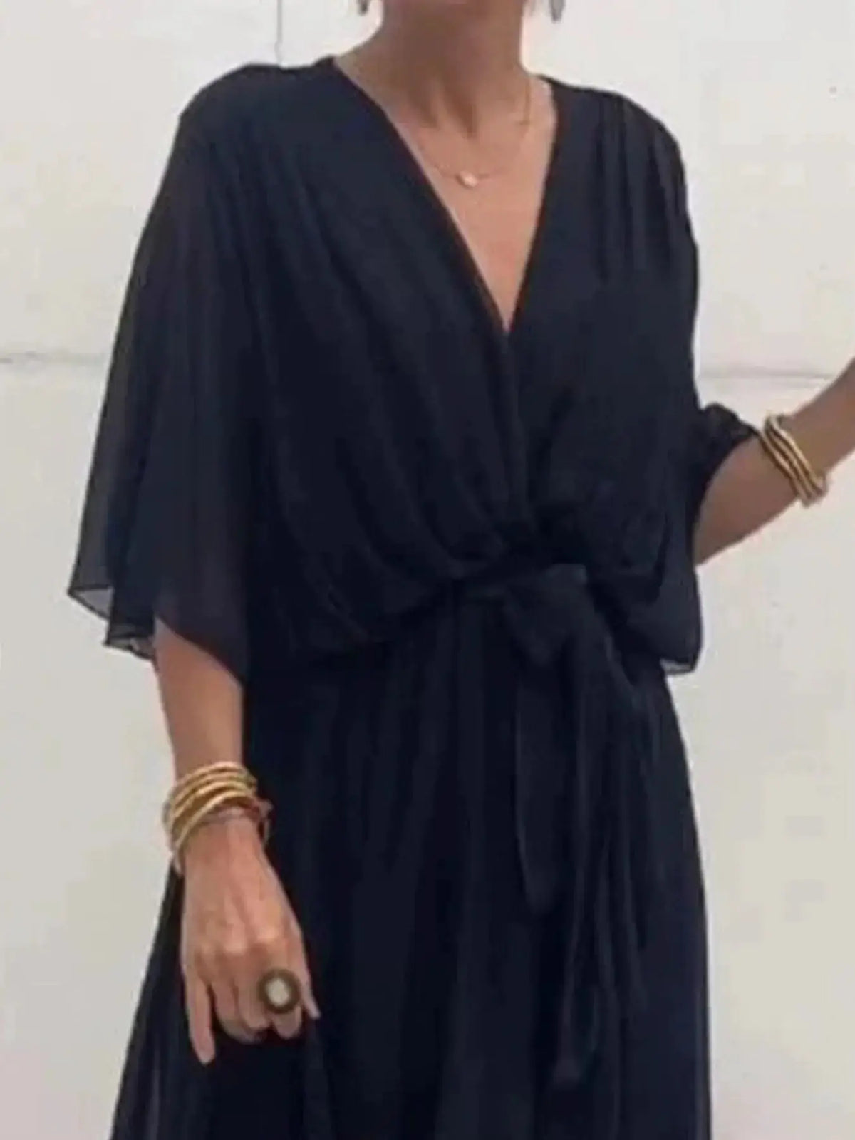 Full Size Flowy Tie Front Midi Dress with Flutter Sleeves Plus Size by Trendsi in black
