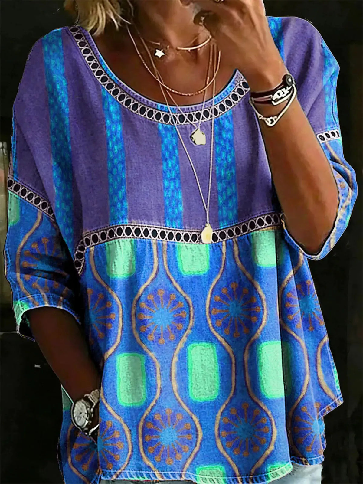 Trendsi full-size hollow-out round-neck top in purple and blue print with teal accents
