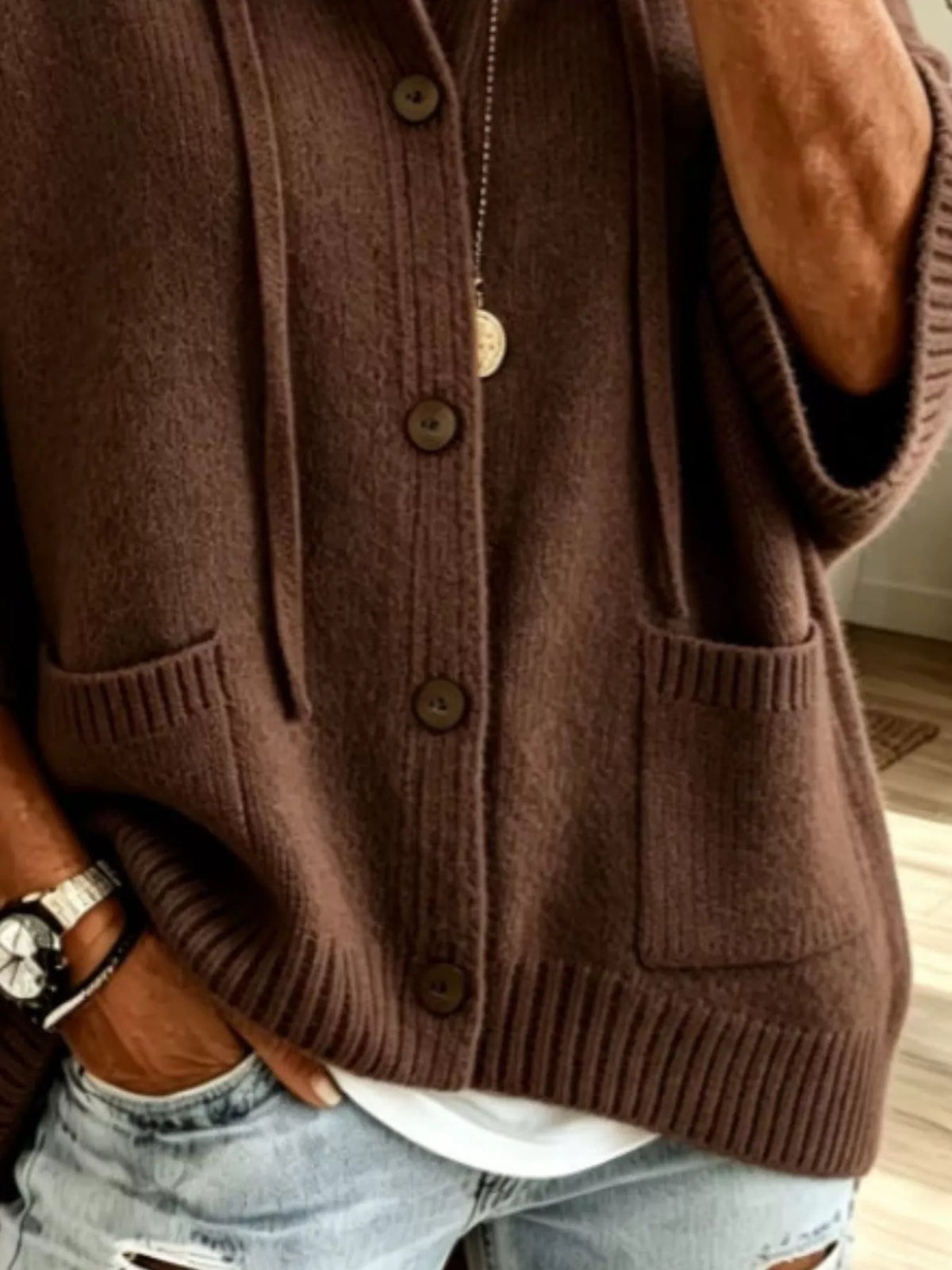 Full-Size casual hooded knit cardigan in brown with button-down front and pockets.