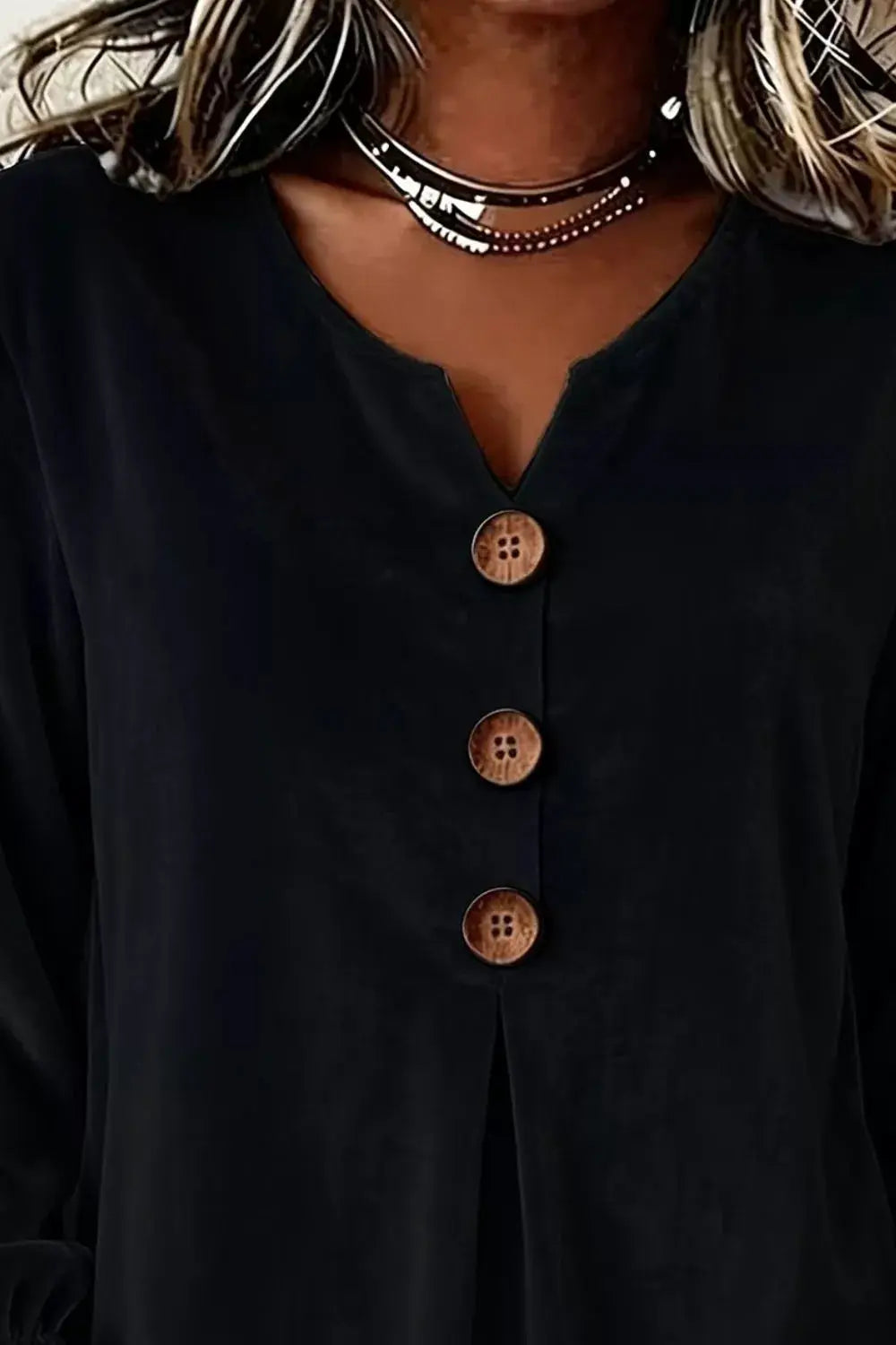 Full Size Velvet Button Decor Blouse in black with brown wooden buttons from Trendsi