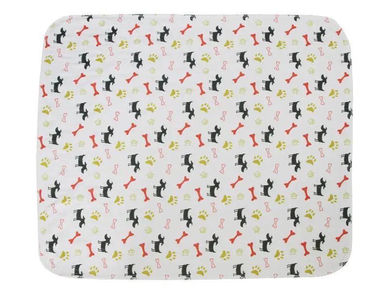 Three-layer waterproof pet absorbent pad with a white surface and repeating black dog silhouettes, red bones, and yellow paw prints.