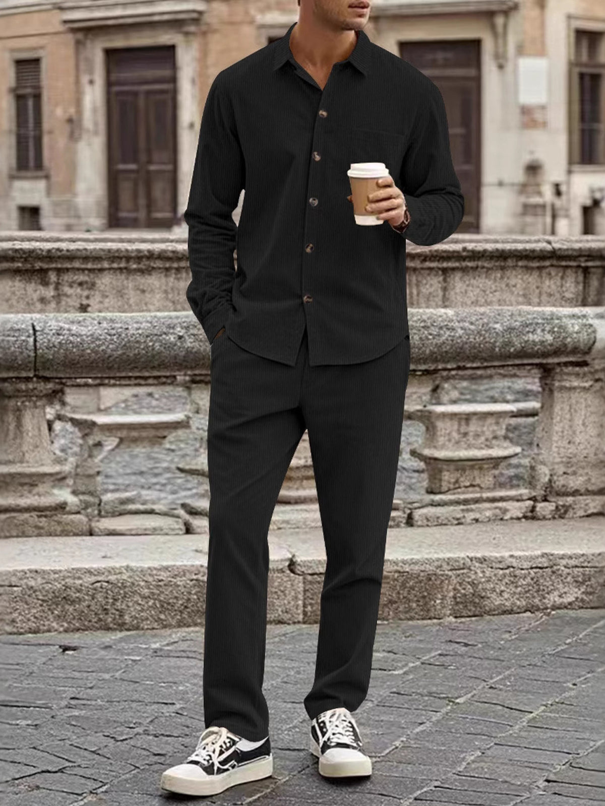 Men's full-size button-up long-sleeve shirt and pants set in black ribbed fabric with chest pocket