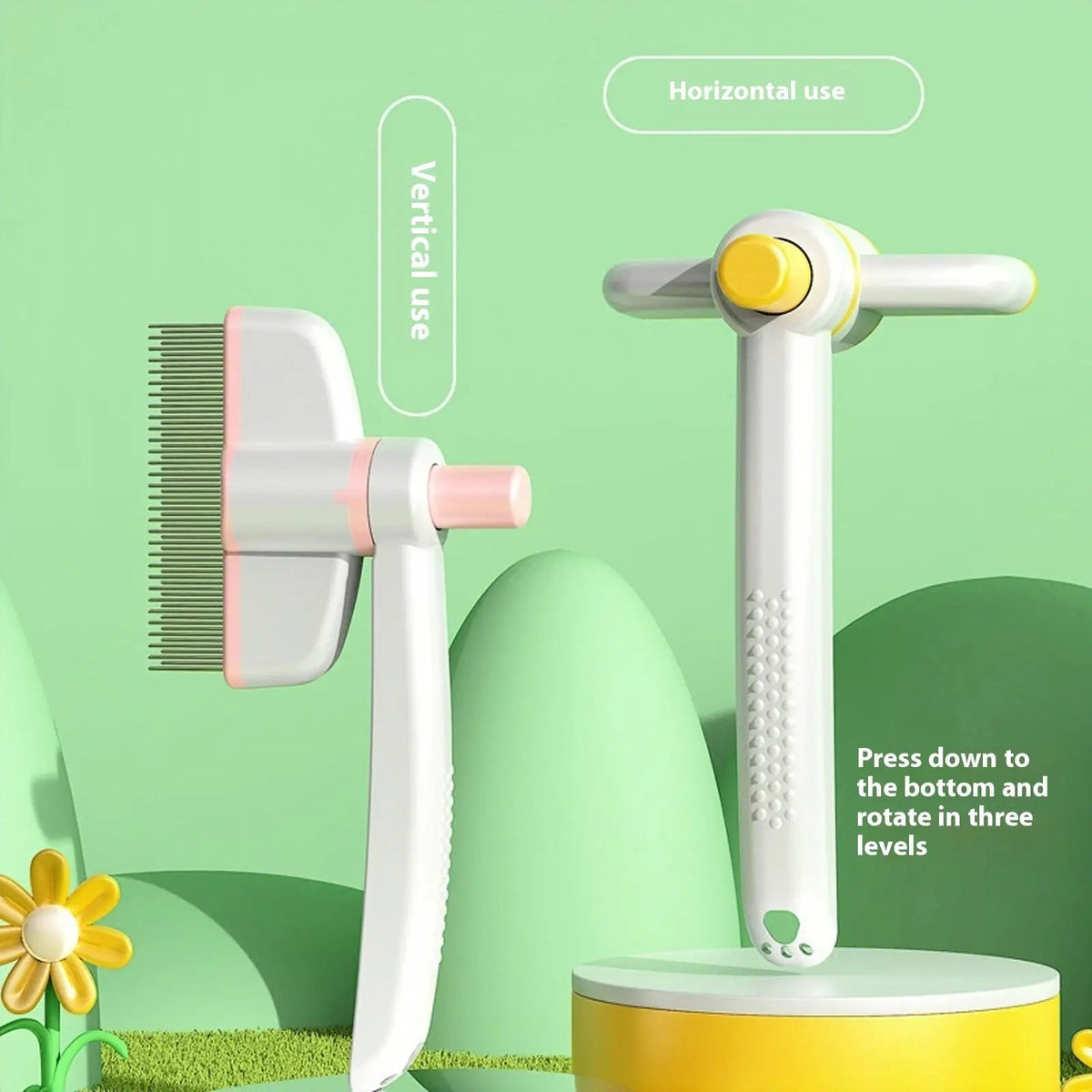 AdTec pet grooming set: 2 self-cleaning tools, white-pink cat comb and white handheld massager with yellow knob