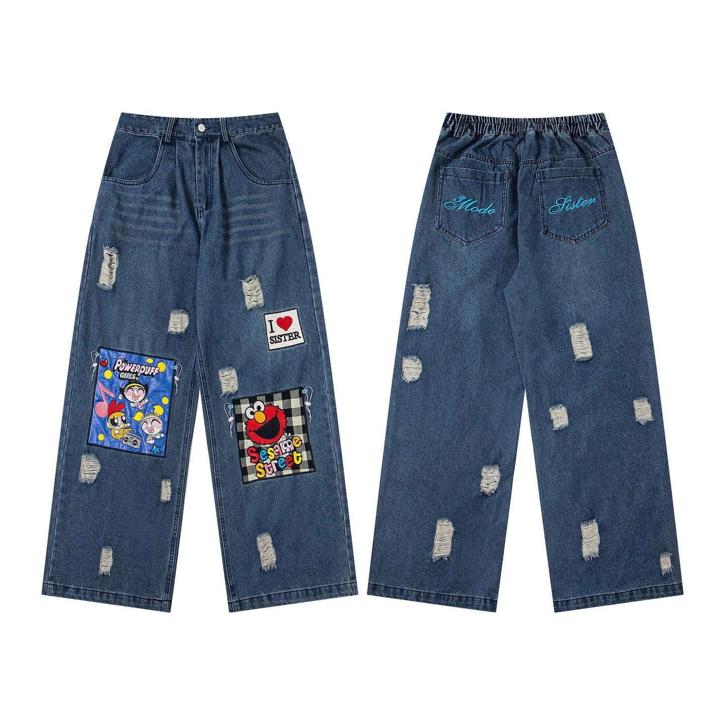 Jeans usés à broderies de dessins animés
