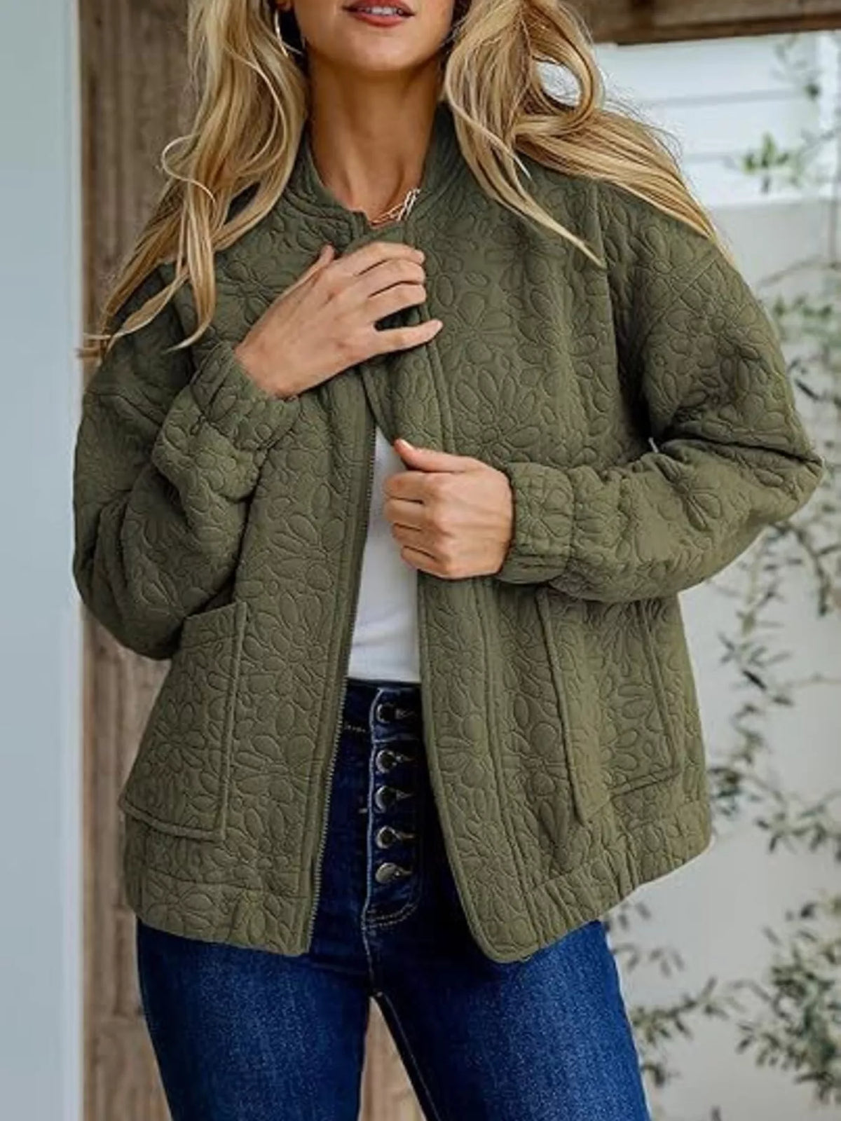 Jacket by Trendsi: olive green floral quilted lightweight zip-up for daily wear