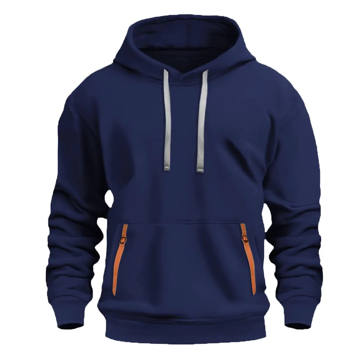 New Fallwinter Mens Fleece-lined Hoodie, navy blue with white drawstrings and orange zip pockets