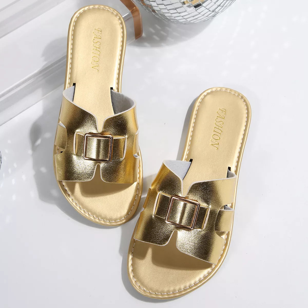Elegant Buckle Slide Sandals by Trendsi, gold metallic, two sandals shown