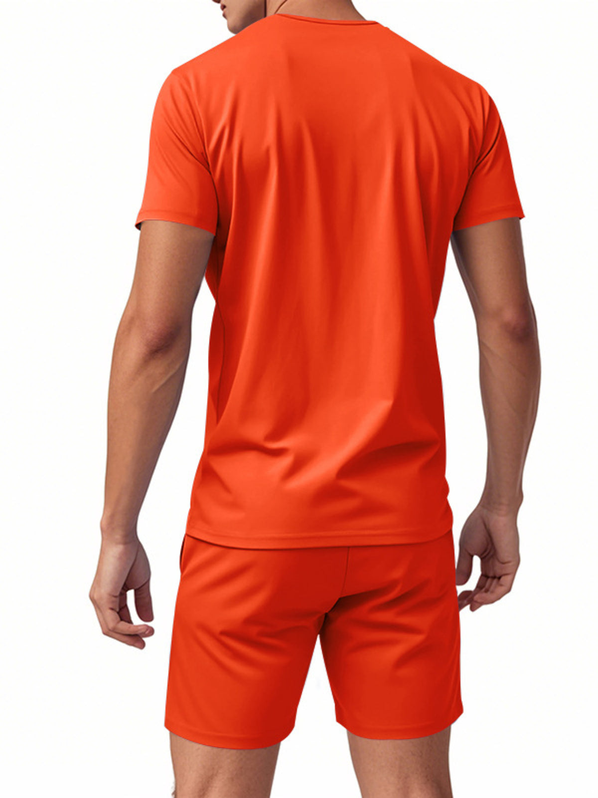 Men's orange V-neck short-sleeve T-shirt and matching shorts set, plus size