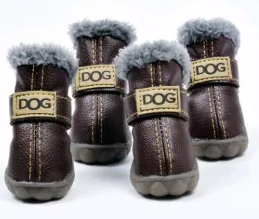 Dog thick snow boots with faux fur trim, brown faux leather, DOG patch, set of four