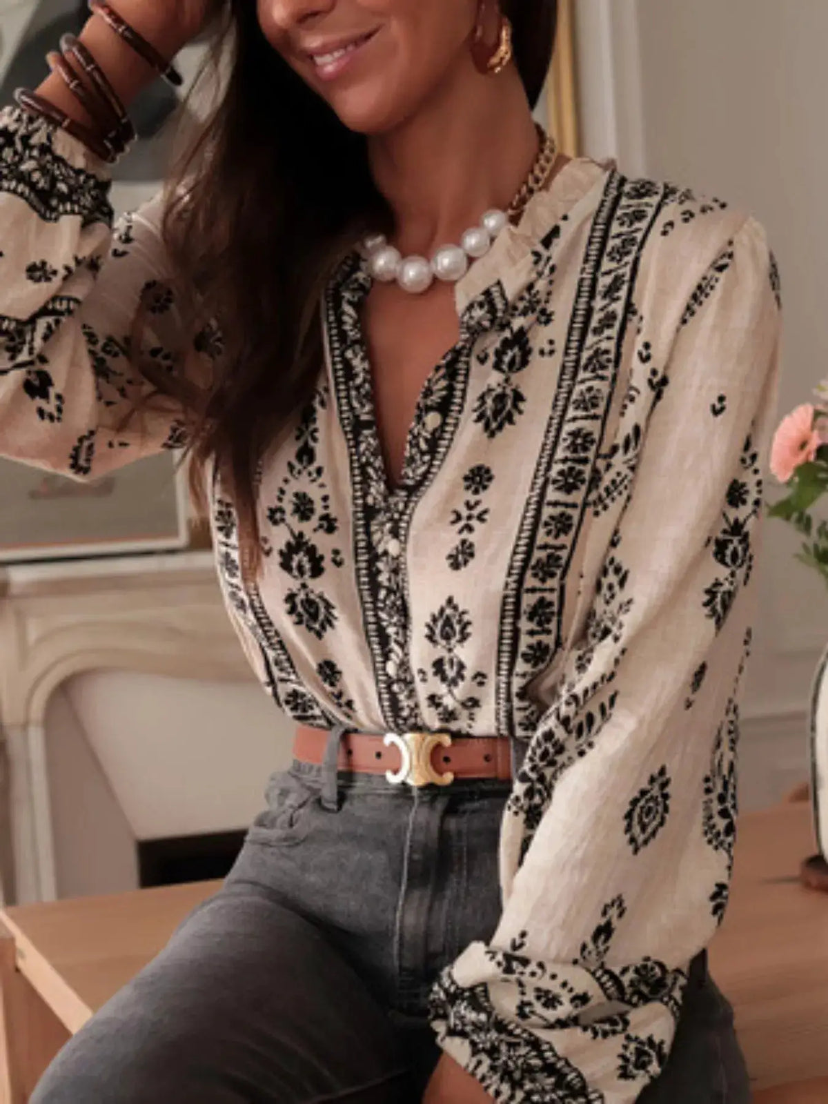 Vintage Print Long Sleeve Shirt in cream with a black geometric pattern.