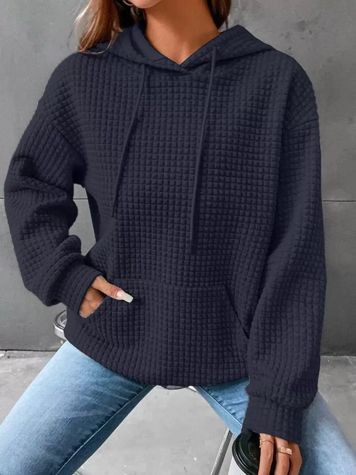 Plus size textured kangaroo-pocket hoodie in dark navy with quilted grid fabric