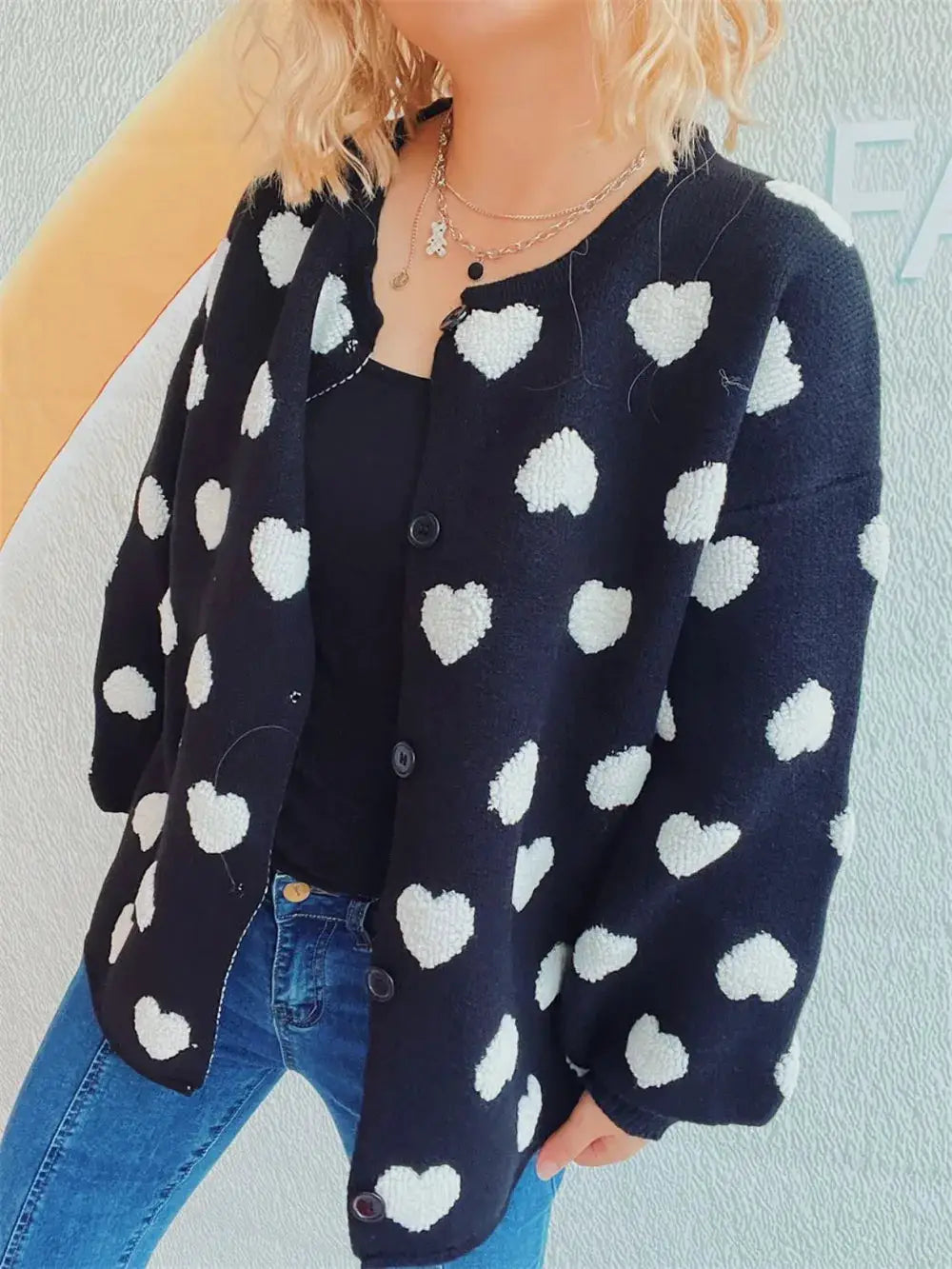 Cozy Heart Button Front Long Sleeve Stretch Knit Cardigan, black with white heart pattern, Trendsi