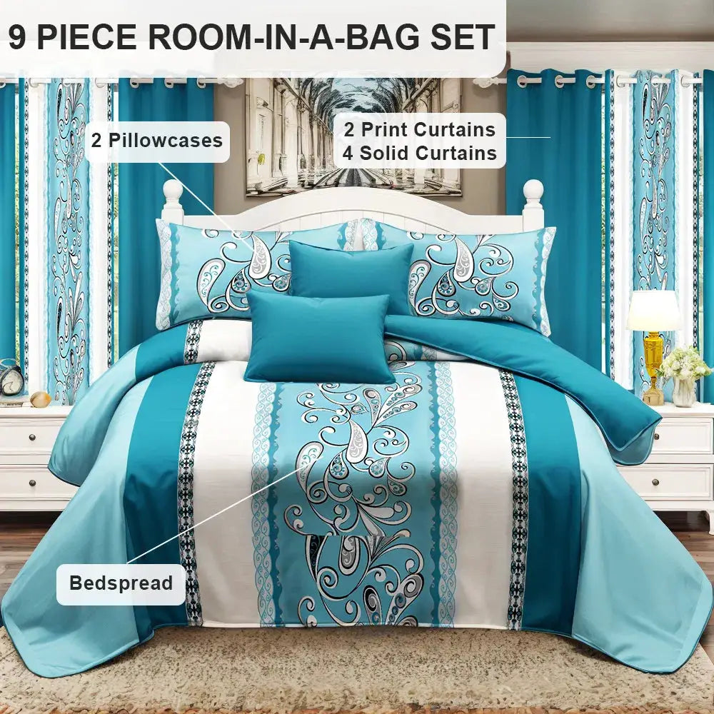 9-Piece Turquoise Paisley Bedding & Curtain Set: quilted bedspread, 2 pillowcases, 2 print curtains, 4 solid curtains.