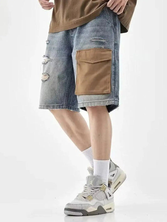 Men's distressed denim shorts with tan cargo pocket and ripped details