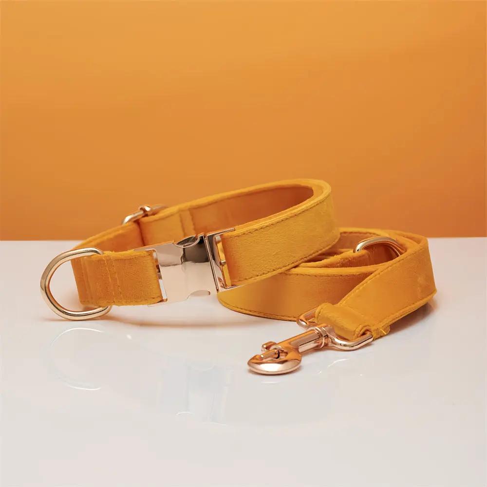 Velvet dog collar and leash set in yellow with metal hardware