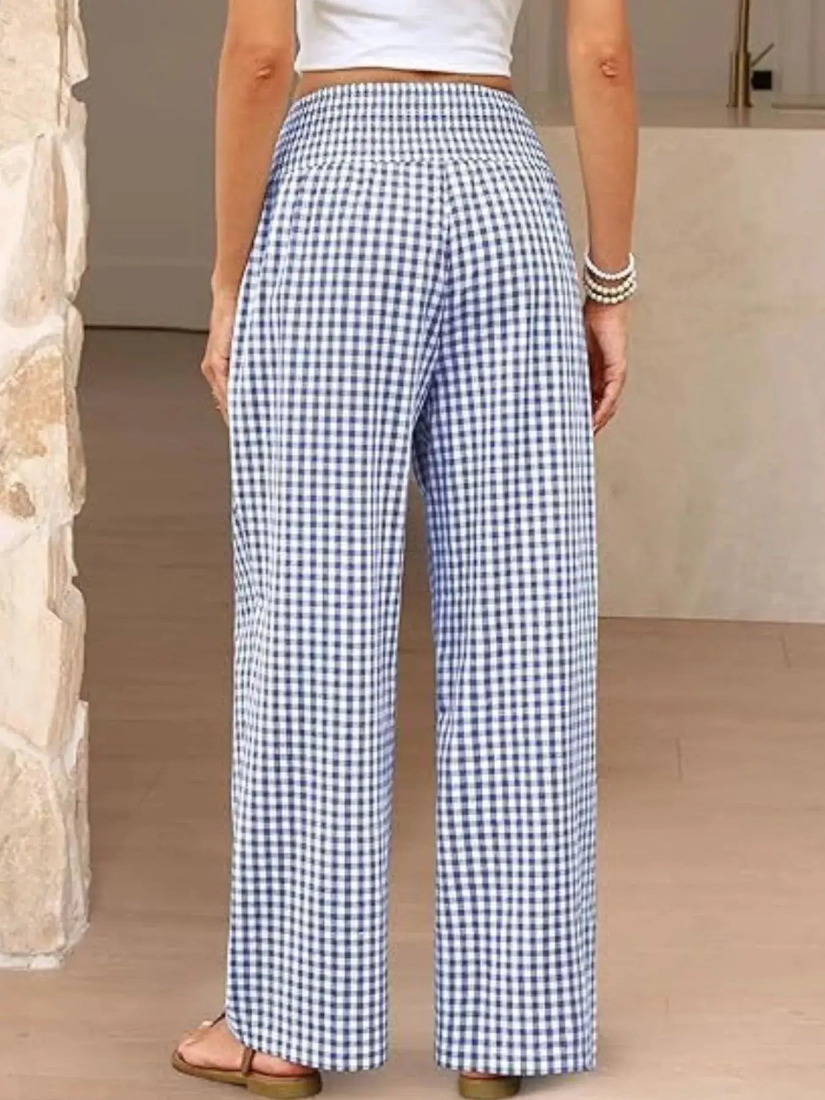 Gingham wide-leg pants by Trendsi, blue and white check pattern, back view