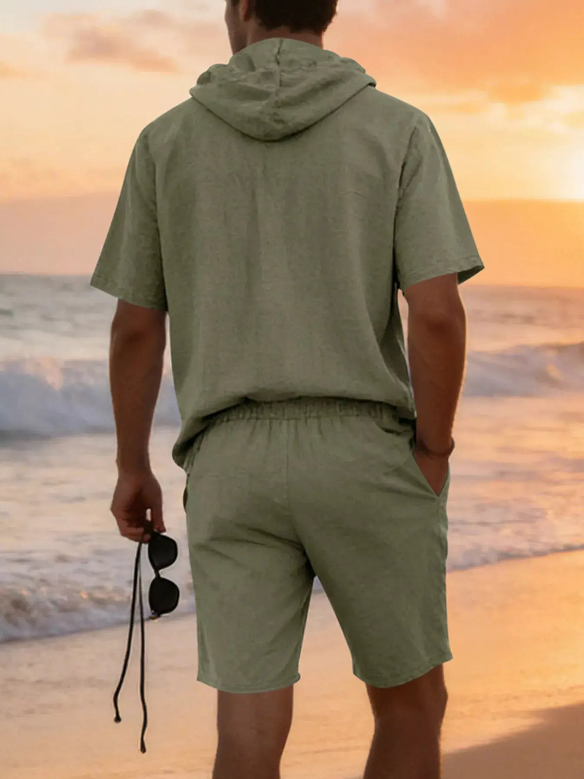 Mens linen-blend hooded top and shorts two-piece set in sage green, casual beachwear