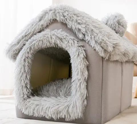 AdTec foldable pet house bed in plush grey fur, cozy enclosed cave-style shelter for dogs or cats.