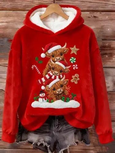 Red plush women's Christmas hoodie with stacked bear Santa design, white fur-lined hood, and festive snow scene.